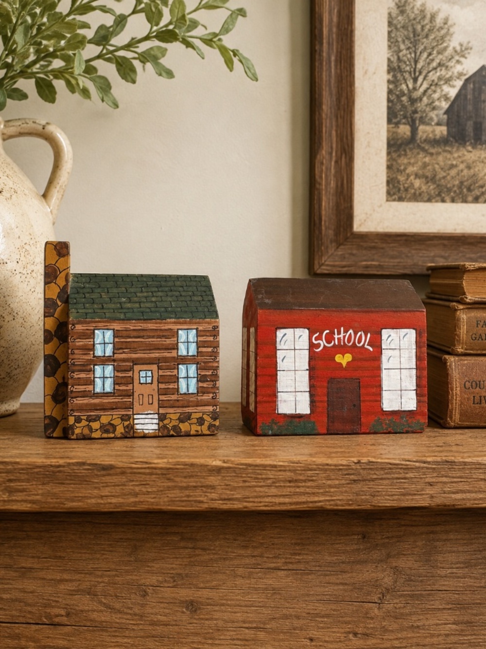 Vintage Folk Art Wooden Houses Lot of 2 Schoolhouse Log Cabin Primitive Decor